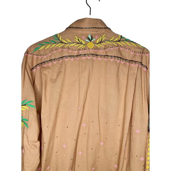 FARM RIO Mystic Embroidered + Beaded L/S Button-Up Shirt Peach/Tan Large - Picture 10 of 15